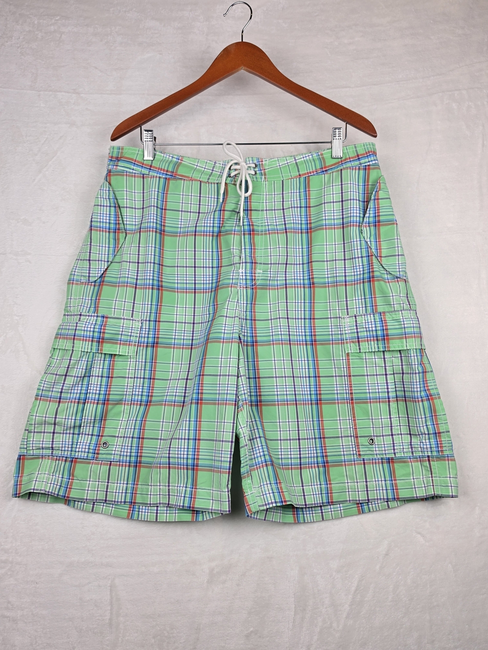 Polo Ralph Lauren Board Shorts Mens 36 Green Plaid Cargo Pocket Drawstring